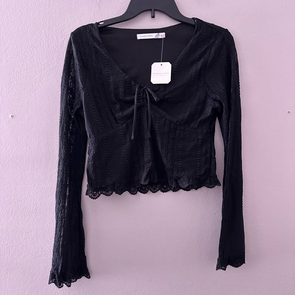 Altar'd State Black Lace Tie-Front Cropped Blouse